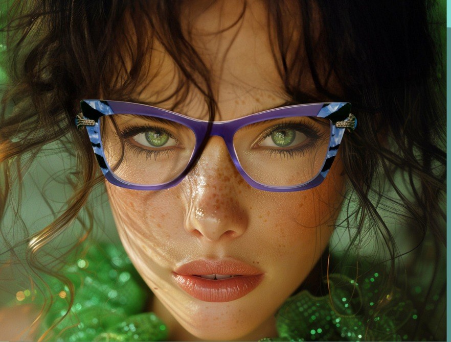 Donna con occhi verdi e lentiggini indossa occhiali cat-eye viola con aste azzurre e nere, sfondo verde con paillettes